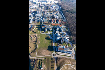 Star-shaped office buildings of the SAP Deutschland SE & Co. KG at the forest edged in Walldorf in the state Baden-Wuerttemberg seen from above