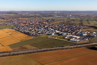 Village view on the edge of agricultural fields and land in the district Rot in Sankt Leon-Rot in the state Baden-Wuerttemberg, Germany