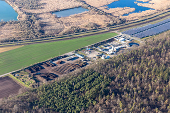 Aerial view of Rimu compost and photovoltaic field in the district Oberhausen in Oberhausen-Rheinhausen in the state Baden-Wuerttemberg, Germany