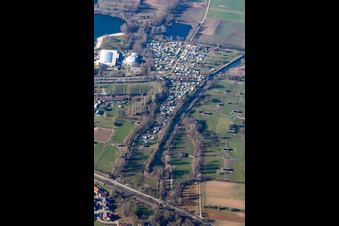 Aerial view of Campsite Rülzheim between Dampfnudel and Ostrich Farm Mhou in Rülzheim in the state Rhineland-Palatinate, Germany