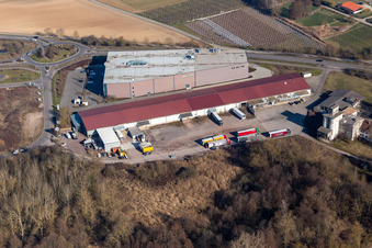 Aerial view of Industrial estate and company settlement Gewerbepark W 1 with Spedition NUSS and Einrichtungshaus Weber in Herxheim bei Landau (Pfalz) in the state Rhineland-Palatinate, Germany