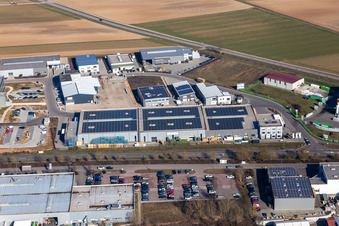 Industrial estate Gewerbepark West II with Ampco Pumps GmbH, Hellmann Grosshandel, Martin Dradrach Verpackungen, BioMyCel UG and Klarsicht-verpackungen Weber GmbH in Herxheim bei Landau (Pfalz) in the state Rhineland-Palatinate, Germany