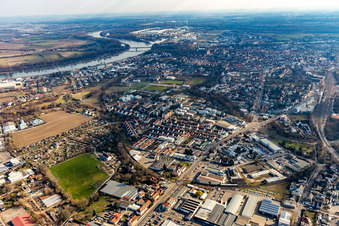 City view from the river bank of the Rhine in the East to the railroad tracks in the West in Speyer in the state Rhineland-Palatinate, Germany