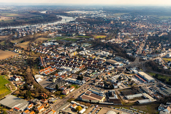 City view from the river bank of the Rhine in the East to the Wormser Landstrasse in the West in Speyer in the state Rhineland-Palatinate, Germany