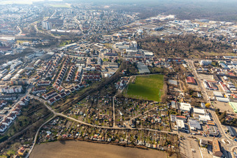 Allotment gardens and sports field at the Kuhweide in Speyer in the state Rhineland-Palatinate, Germany