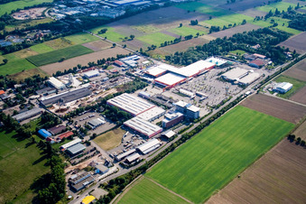 Aerial view of Bruchwiesenstraße industrial area with Hornbach hardware store in the district Dreihof in Bornheim in the state Rhineland-Palatinate, Germany