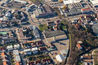 Former Promarkt site Am Rabensteinerweg in Speyer in the state Rhineland-Palatinate, Germany seen from a drone
