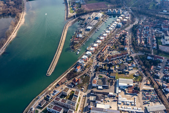 Pleasure boat marina with docks and moorings on the shore area of alten Hafen on Rhein in Speyer in the state Rhineland-Palatinate, Germany seen from above