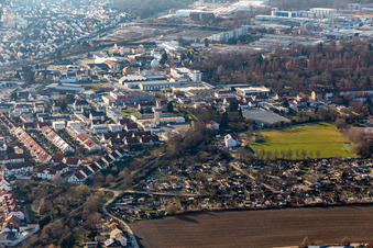 Aerial view of Allotment gardens and sports field at the Kuhweide in Speyer in the state Rhineland-Palatinate, Germany