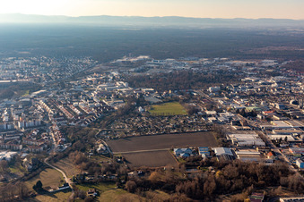 Aerial photograpy of Allotment gardens and sports field at the Kuhweide in Speyer in the state Rhineland-Palatinate, Germany
