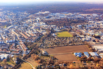 Oblique view of Allotment gardens and sports field at the Kuhweide in Speyer in the state Rhineland-Palatinate, Germany