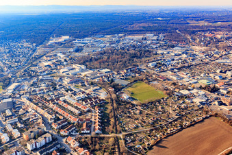 Allotment gardens and sports field at the Kuhweide x Tullastr in Speyer in the state Rhineland-Palatinate, Germany