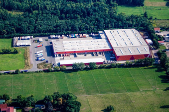 Aerial view of Hornbach Logistics Center in the district Dreihof in Essingen in the state Rhineland-Palatinate, Germany