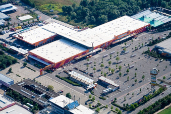 Aerial photograpy of Hornbach DIY store in the Bruchwiesenstr industrial area in Bornheim in the state Rhineland-Palatinate, Germany