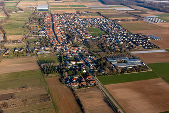 Aerial view of Village view on the edge of agricultural fields and land in Gommersheim in the state Rhineland-Palatinate, Germany