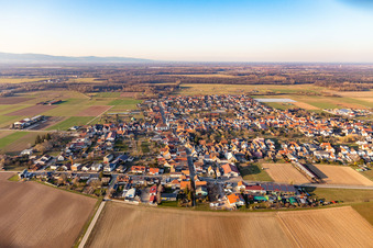Aerial photograpy of Village - view on the edge of agricultural fields and farmland in Ottersheim bei Landau in the state Rhineland-Palatinate, Germany