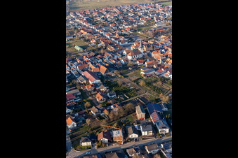 Aerial view of Church building in the village of in Ottersheim bei Landau in the state Rhineland-Palatinate, Germany