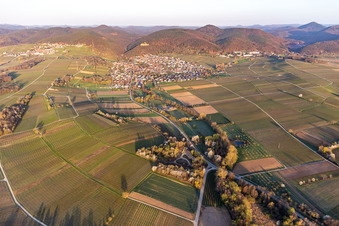 Aerial view of Klingbachtal in spring bloom in Klingenmünster in the state Rhineland-Palatinate, Germany