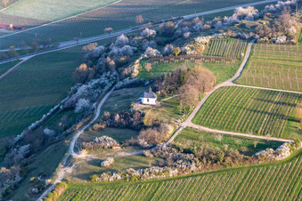 Aerial photograpy of Chapel "Kleine Kalmit" in the nature reserve Kleine Kalmit on Easter morning with spring blossom in Ilbesheim bei Landau in the state Rhineland-Palatinate, Germany