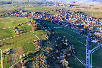 Chapel "Kleine Kalmit" in the nature reserve Kleine Kalmit on Easter morning with spring blossom in Ilbesheim bei Landau in the state Rhineland-Palatinate, Germany out of the air