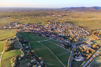 Chapel "Kleine Kalmit" in the nature reserve Kleine Kalmit on Easter morning with spring blossom in Ilbesheim bei Landau in the state Rhineland-Palatinate, Germany seen from above