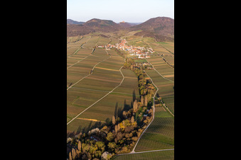 Village - view on the edge of wine yards in the spring before the Trifels in Birkweiler in the state Rhineland-Palatinate