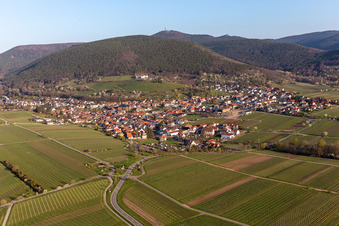 Village - view on the edge of agricultural fields and farmland in spring time in Sankt Martin in the state Rhineland-Palatinate, Germany