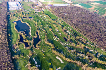 Aerial photograpy of Blooming trees in the spring on the grounds of the Golf course at Landgut Dreihof GOLF absolute in Essingen in the state Rhineland-Palatinate