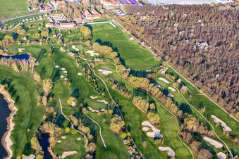 Oblique view of Blooming trees in the spring on the grounds of the Golf course at Landgut Dreihof GOLF absolute in Essingen in the state Rhineland-Palatinate
