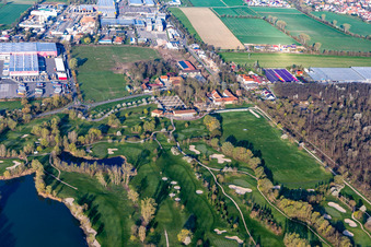 Blooming trees in the spring on the grounds of the Golf course at Landgut Dreihof GOLF absolute in Essingen in the state Rhineland-Palatinate from above