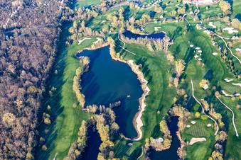 Blooming trees in the spring on the grounds of the Golf course at Landgut Dreihof GOLF absolute in Essingen in the state Rhineland-Palatinate out of the air
