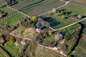 Oblique view of "Kleine Kalmit" chapel in the Kleine Kalmit nature reserve on Easter morning with spring bloom in Ilbesheim bei Landau in der Pfalz in the state Rhineland-Palatinate