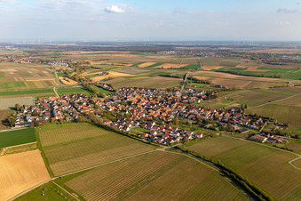 Oblique view of Village - view on the edge of agricultural fields and farmland in Impflingen in the state Rhineland-Palatinate, Germany
