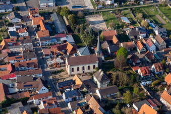 Aerial view of Church building in the village of in Knittelsheim in the state Rhineland-Palatinate, Germany