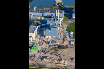 Aerial view of Construction of the new gas- hydrogen-power plant at paer mill Papierfabrik Palm GmbH & Co. KG in the district Industriegebiet Woerth-Oberwald in Woerth am Rhein in the state Rhineland-Palatinate