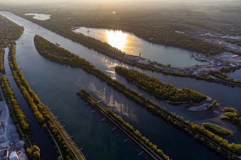 Aerial view of Centrale hydroelectric EDF de Gambsheim. Rhine lock Freistett in the district Freistett in Rheinau in the state Baden-Wuerttemberg, Germany