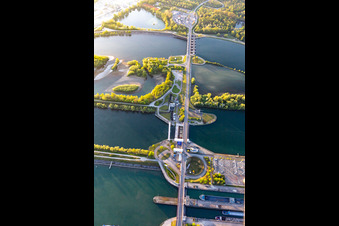Aerial view of Locks - plants and fish staircase on the banks of the waterway of the Rhein between Gambsheim and Freistett in the district Freistett in Rheinau in the state Baden-Wurttemberg, Germany