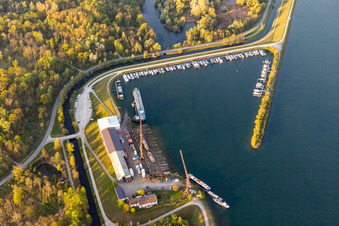 Aerial view of Karcher Shipyard and Honau Sailing Club in the district Freistett in Rheinau in the state Baden-Wuerttemberg, Germany
