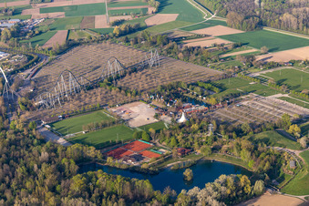 Aerial view of Empty parking of the closed Leisure-Park Europa Park in Rust in the state Baden-Wuerttemberg, Germany