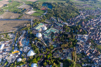 Aerial photograpy of Eurosat CanCan Coaster in the locked down Leisure-Park Europa Park in Rust in the state Baden-Wuerttemberg, Germany