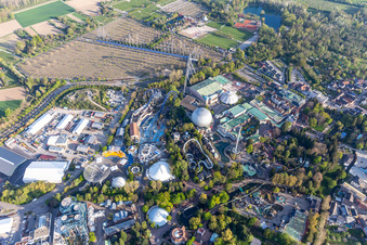 Oblique view of Eurosat CanCan Coaster in the locked down Leisure-Park Europa Park in Rust in the state Baden-Wuerttemberg, Germany