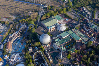 Eurosat CanCan Coaster in the locked down Leisure-Park Europa Park in Rust in the state Baden-Wuerttemberg, Germany seen from above