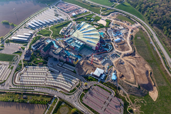 Aerial view of Extension construction site for the Water park "Rulantica" and museum hotel Kronasar on the grounds of the locked down amusement park "Europapark" in Rust in the state of Baden-Wuerttemberg, Germany
