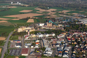 Aerial view of 4 Start Adventure hotel "Bell Rock" at the locked down Leisure-Park Europa Park in Rust in the state Baden-Wuerttemberg, Germany