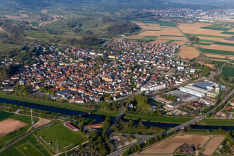 Aerial view of Town View of the streets and houses of the residential areas in Riegel am Kaiserstuhl in the state Baden-Wurttemberg, Germany