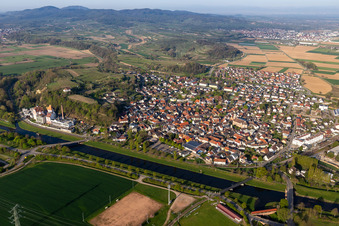 Town View of the streets and houses of the residential areas in Riegel am Kaiserstuhl in the state Baden-Wurttemberg, Germany from above