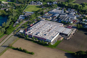 Aerial photograpy of Building and production halls on the premises of Coca-Cola European Partners Deutschland GmbH in Neureut in the state Baden-Wuerttemberg, Germany