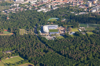 Extension and conversion site on the sports ground of the stadium " Wildparkstadion " in Karlsruhe in the state Baden-Wurttemberg, Germany viewn from the air