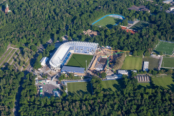 Drone image of Extension and conversion site on the sports ground of the stadium " Wildparkstadion " in Karlsruhe in the state Baden-Wurttemberg, Germany