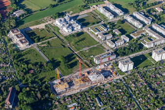Aerial view of Technology Park, construction site on Emmy-Noether-Straße in the district Rintheim in Karlsruhe in the state Baden-Wuerttemberg, Germany